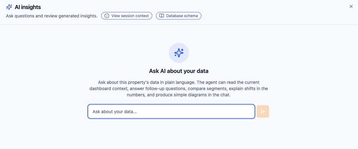 d8a.tech Ask AI panel in its empty state, with session context and database schema buttons