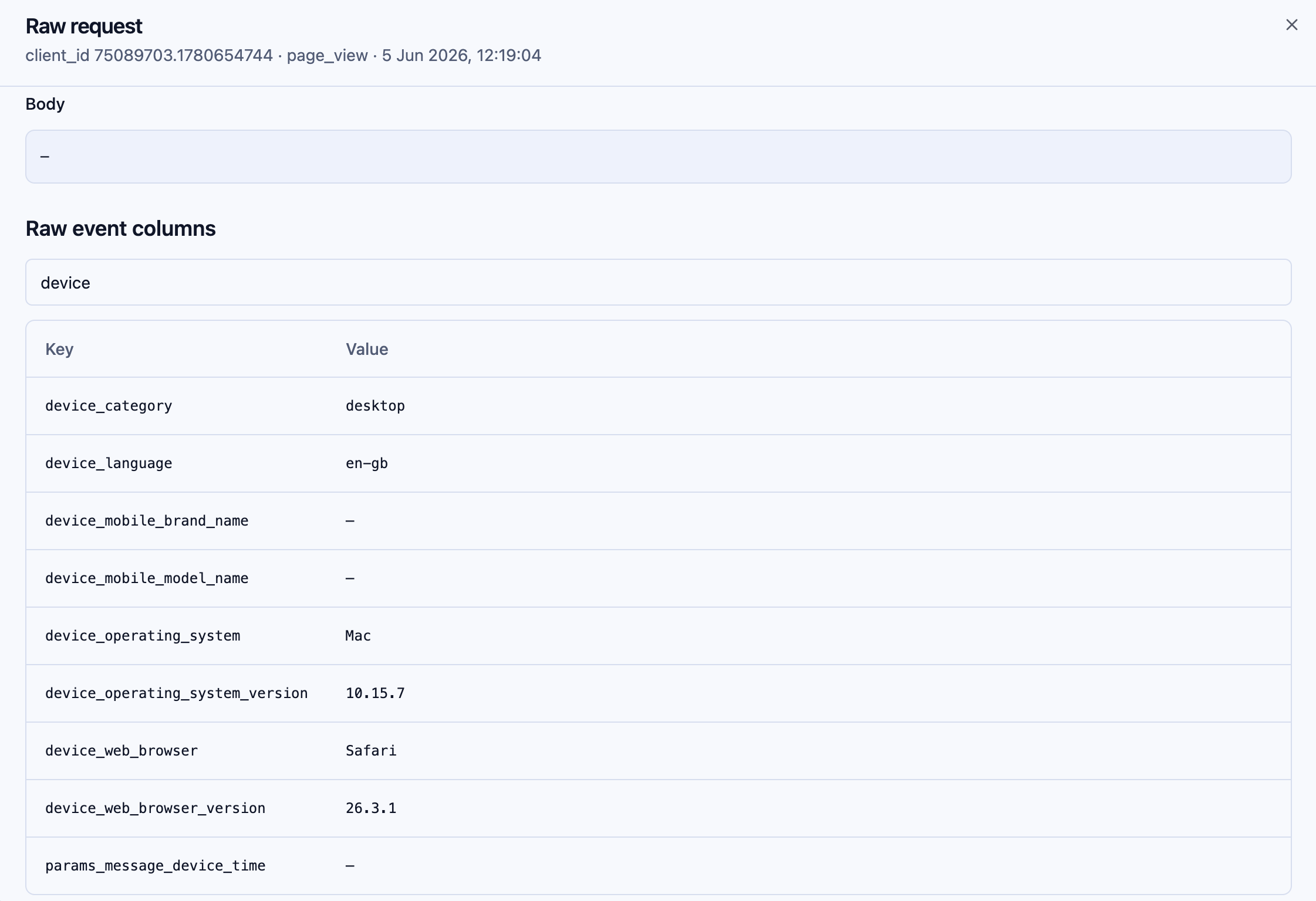 d8a.tech debug mode showing how a tracking request maps into final database event columns