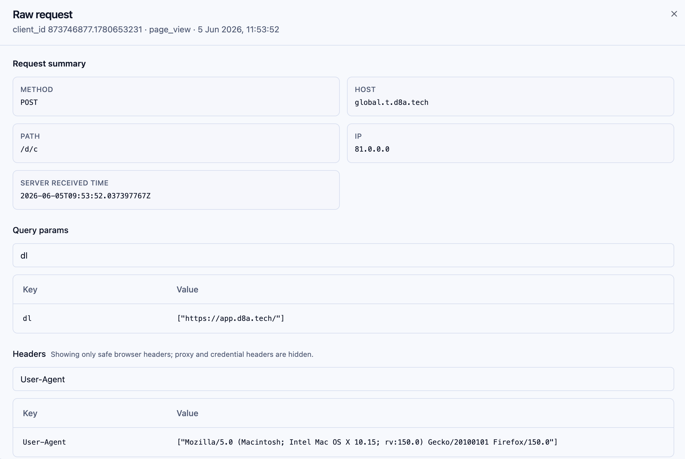 d8a.tech debug mode showing raw event details, headers, and query parameters