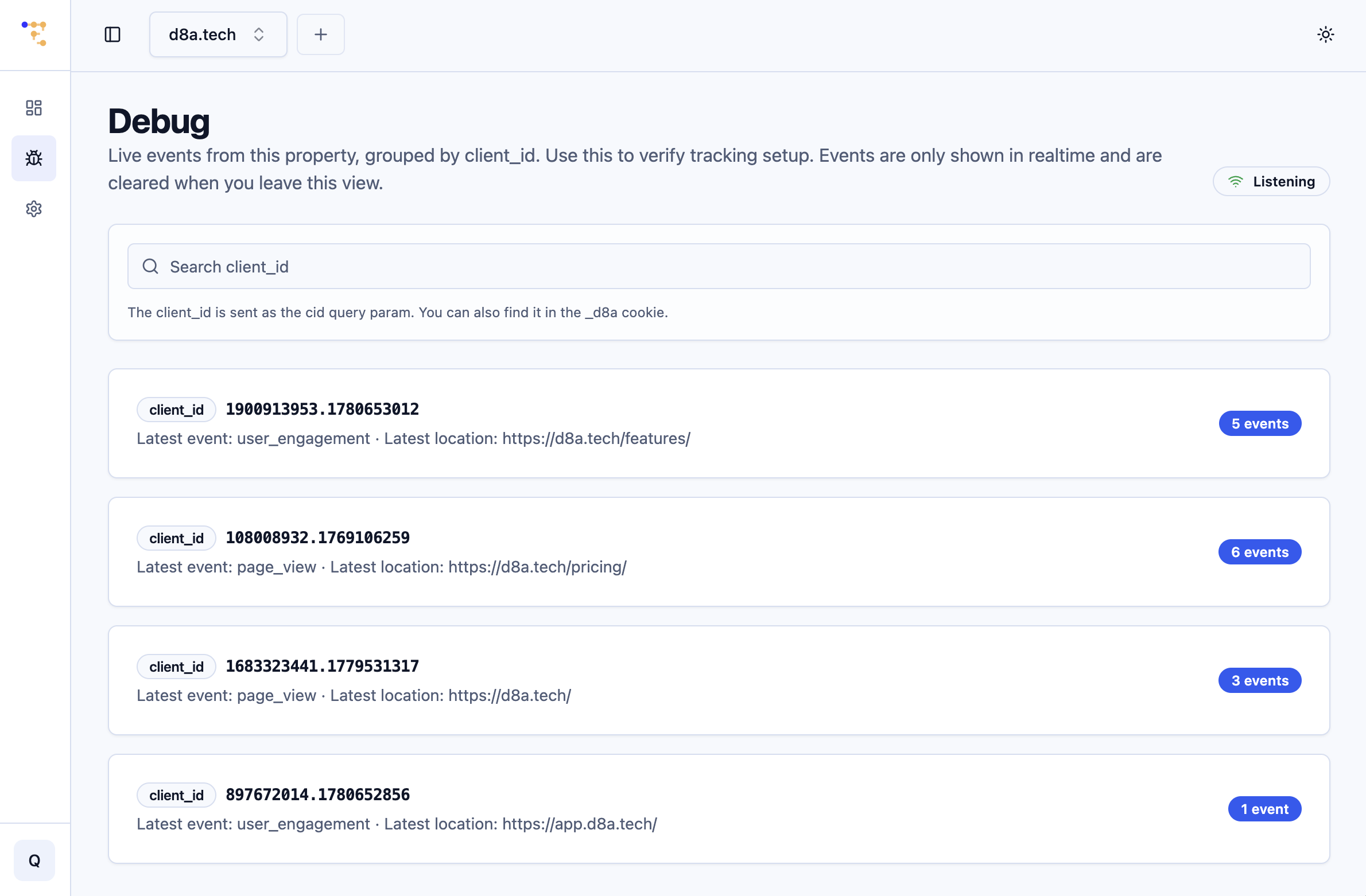 d8a.tech debug mode showing active users and a client ID search bar