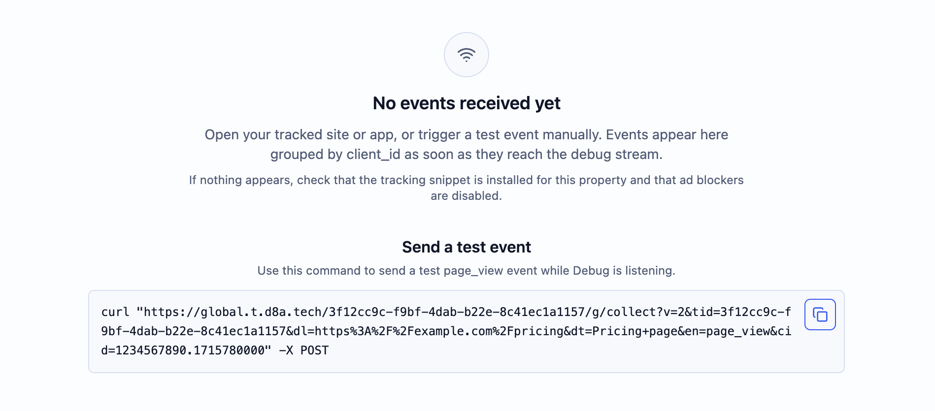 d8a.tech debug mode zero state showing an example curl request