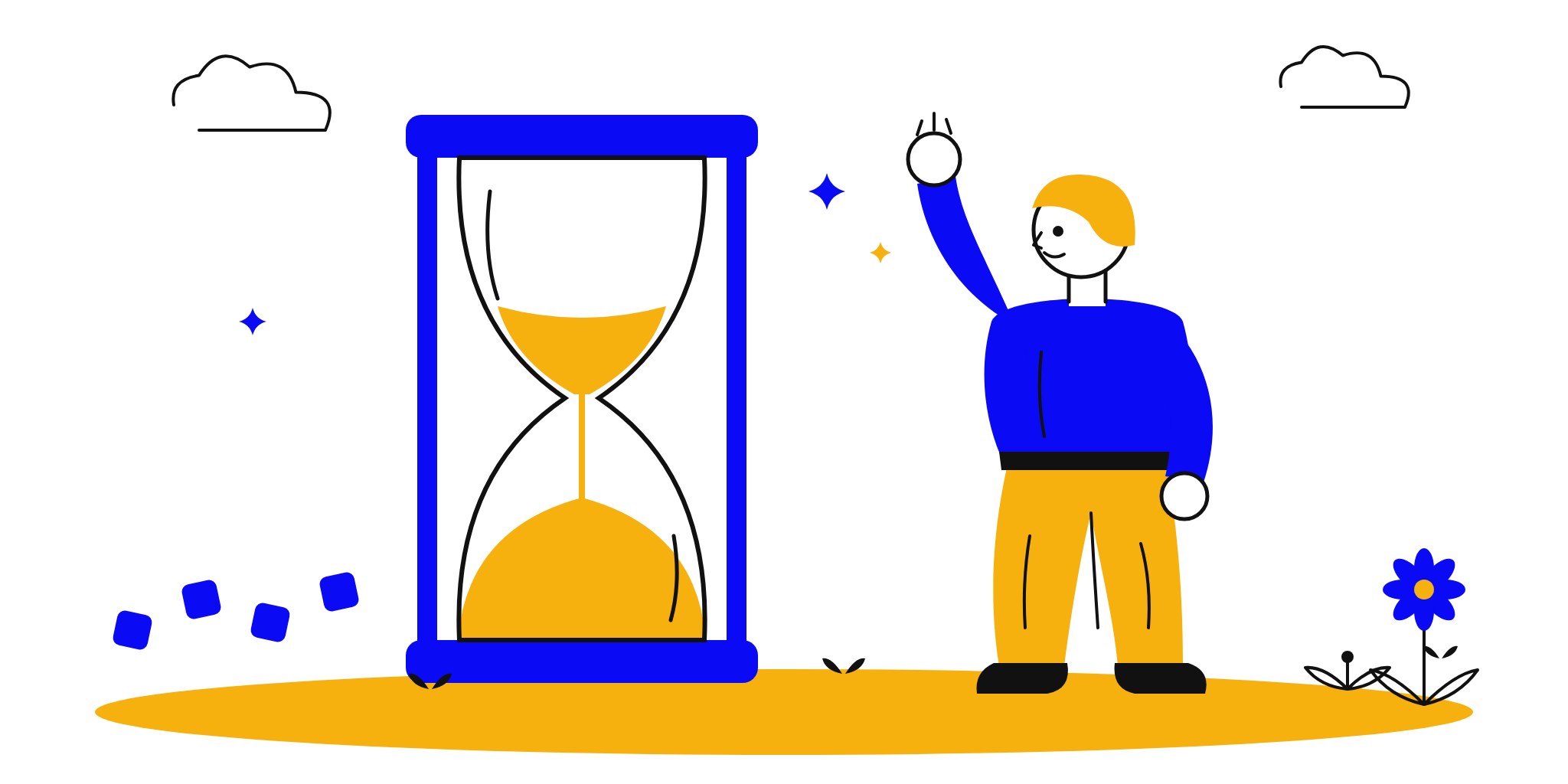 A person waving next to an hourglass as a session ends
